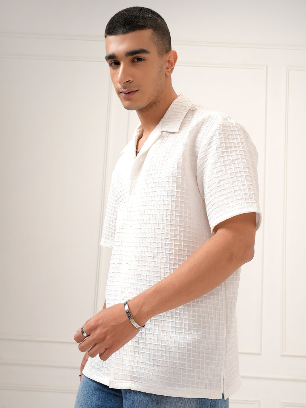 Highlander Men White Self Design Relaxed Fit Casual Shirt - White - Image 4