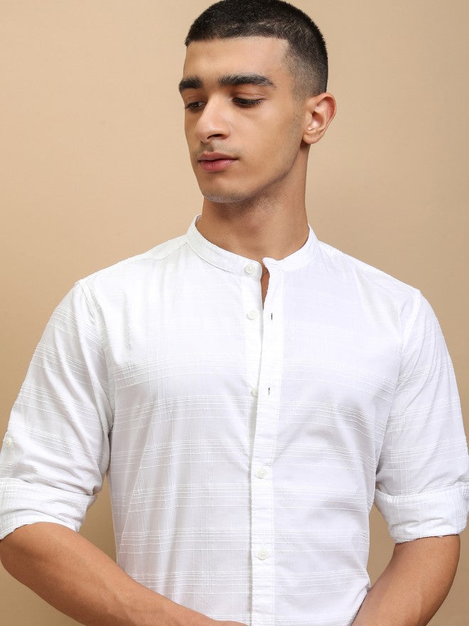 Highlander Men White Striped Regular Fit Casual Shirt - White - Image 1
