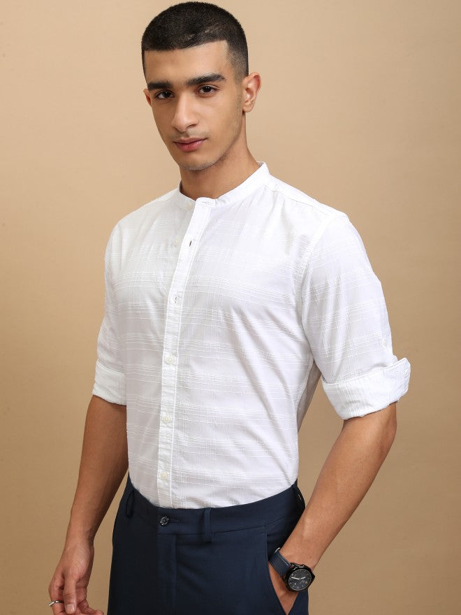 Highlander Men White Striped Regular Fit Casual Shirt - White - Image 4