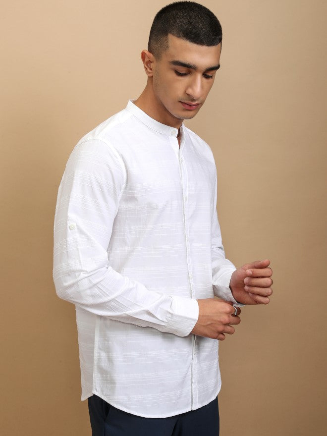 Highlander Men White Striped Regular Fit Casual Shirt - White - Image 6