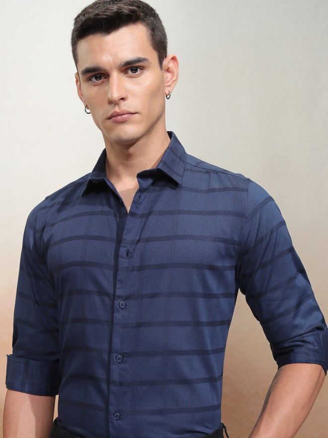 Highlander Men Navy Blue Striped Slim Fit Casual Shirt - Navy Blue - Image 1
