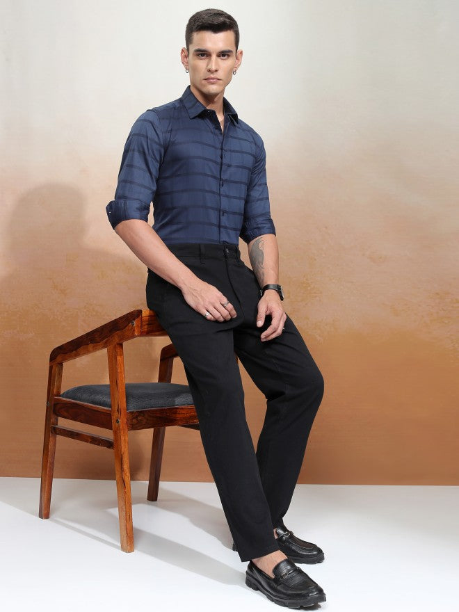 Highlander Men Navy Blue Striped Slim Fit Casual Shirt - Navy Blue - Image 2