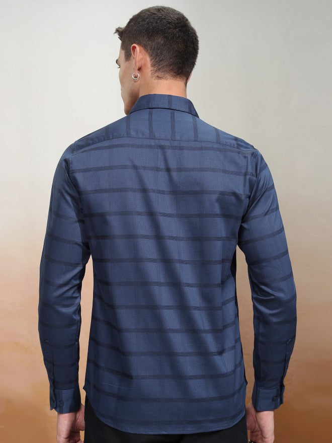 Highlander Men Navy Blue Striped Slim Fit Casual Shirt - Navy Blue - Image 3