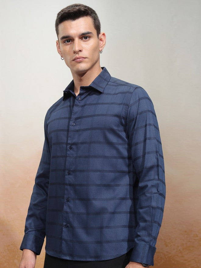 Highlander Men Navy Blue Striped Slim Fit Casual Shirt - Navy Blue - Image 4