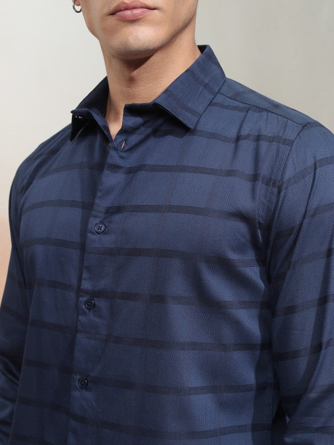 Highlander Men Navy Blue Striped Slim Fit Casual Shirt - Navy Blue - Image 5