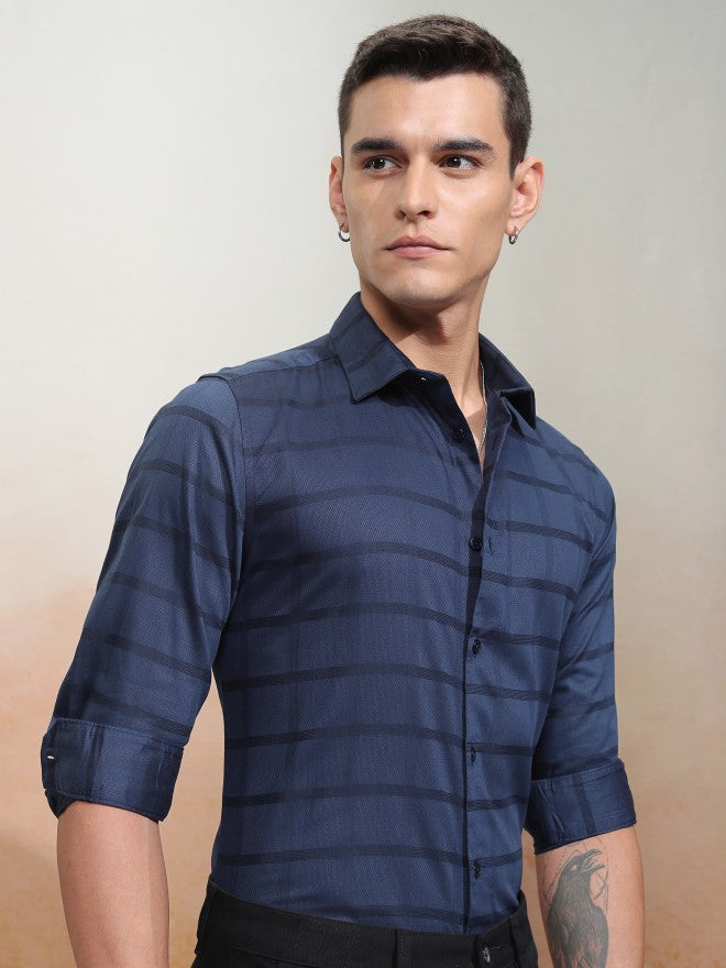 Highlander Men Navy Blue Striped Slim Fit Casual Shirt - Navy Blue - Image 6
