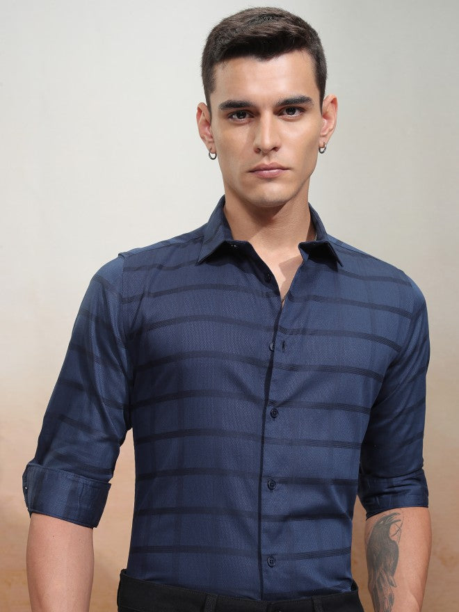 Highlander Men Navy Blue Striped Slim Fit Casual Shirt - Navy Blue - Image 7