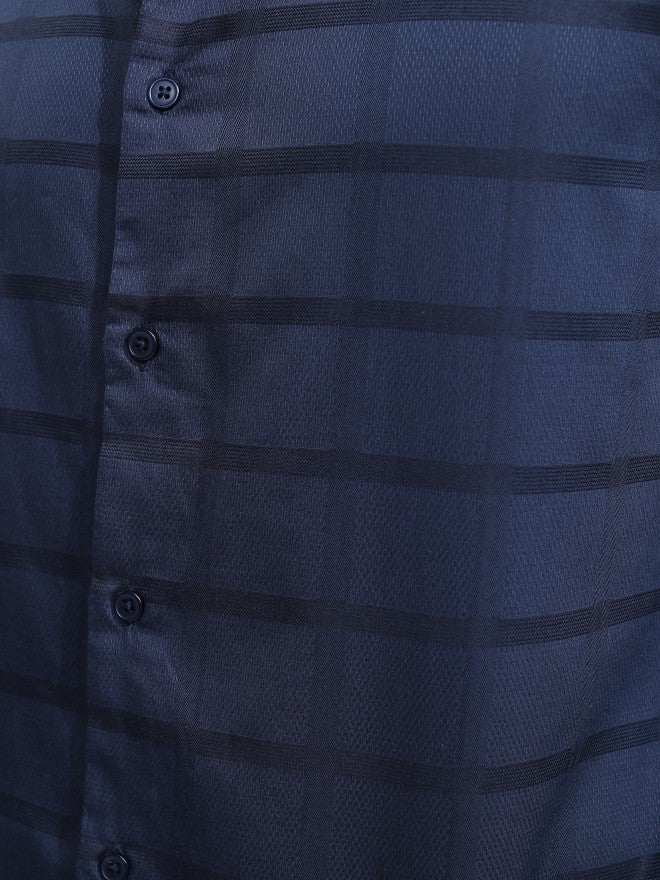 Highlander Men Navy Blue Striped Slim Fit Casual Shirt - Navy Blue - Image 8
