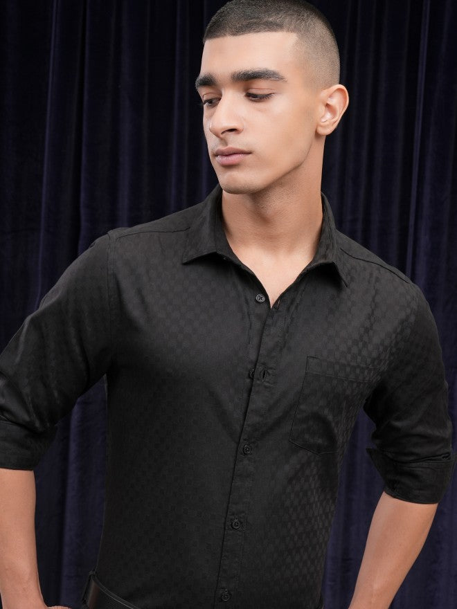 Highlander Men Black Self Design Slim Fit Casual Shirt - Black - Image 1