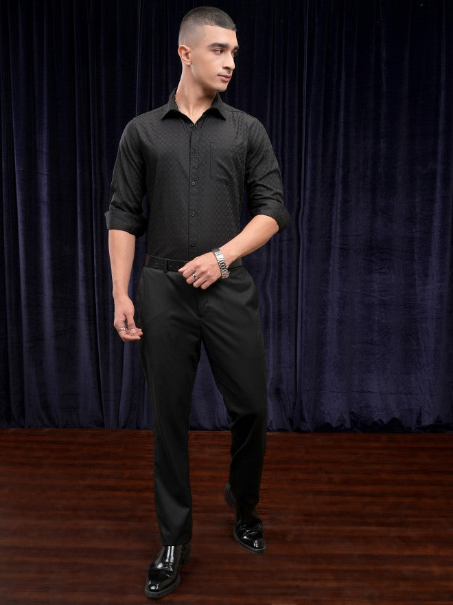 Highlander Men Black Self Design Slim Fit Casual Shirt - Black - Image 2