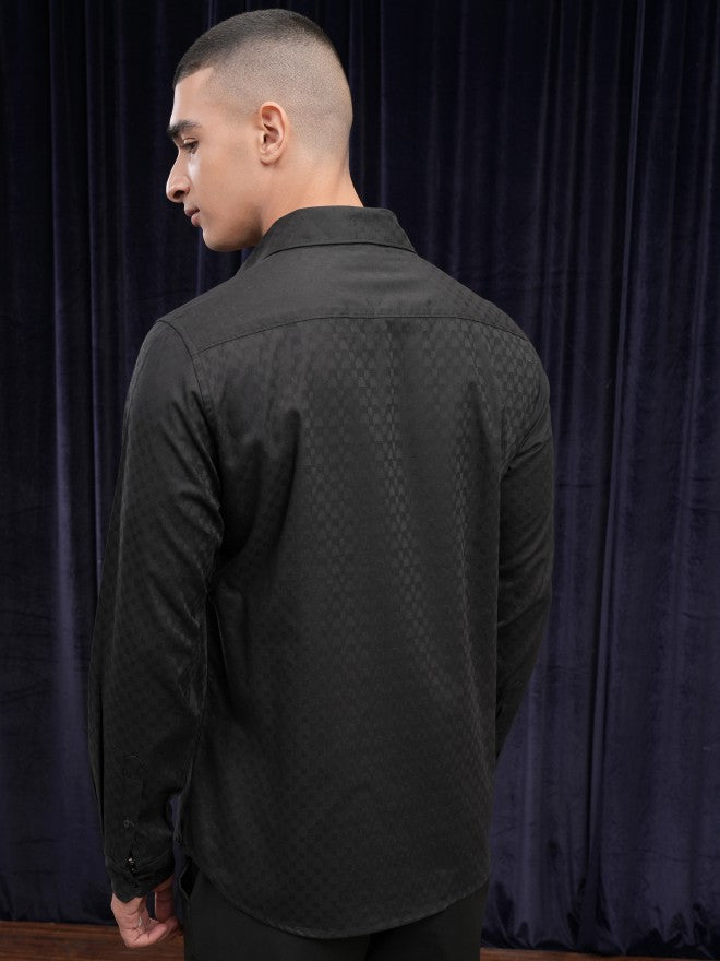Highlander Men Black Self Design Slim Fit Casual Shirt - Black - Image 3