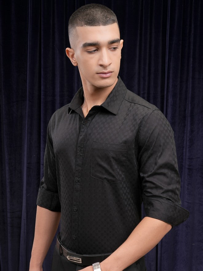 Highlander Men Black Self Design Slim Fit Casual Shirt - Black - Image 4