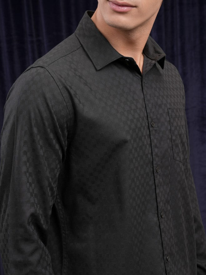 Highlander Men Black Self Design Slim Fit Casual Shirt - Black - Image 5