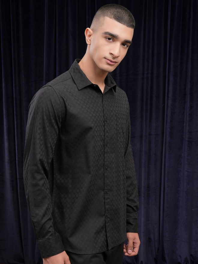 Highlander Men Black Self Design Slim Fit Casual Shirt - Black - Image 6
