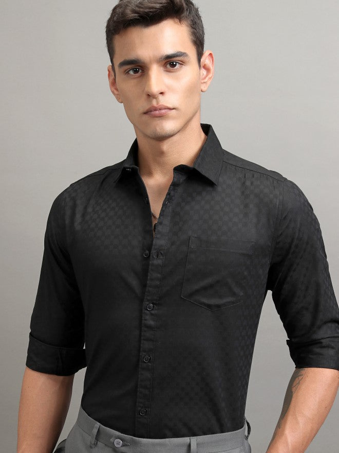 Highlander Men Black Textured Slim Fit Casual Shirt - Black - Image 1