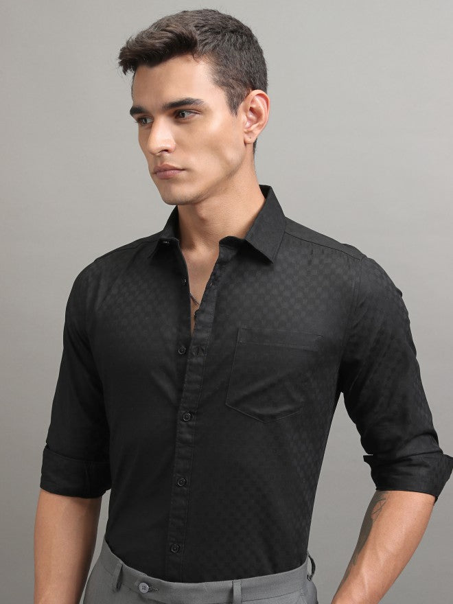 Highlander Men Black Textured Slim Fit Casual Shirt - Black - Image 4