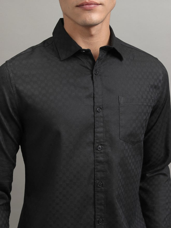 Highlander Men Black Textured Slim Fit Casual Shirt - Black - Image 5