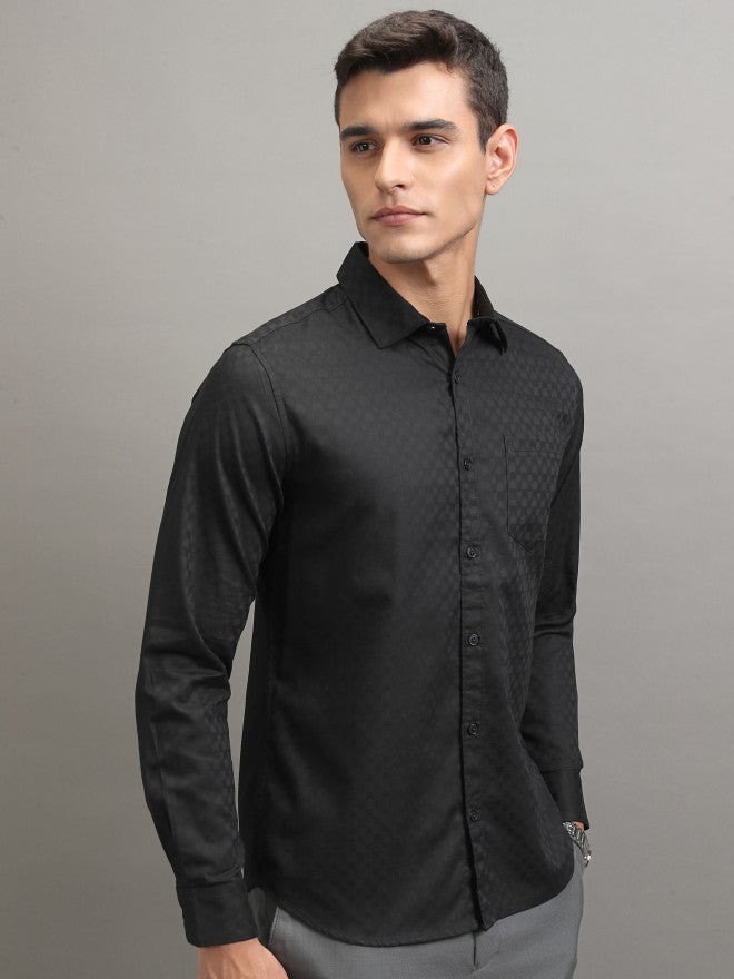 Highlander Men Black Textured Slim Fit Casual Shirt - Black - Image 6