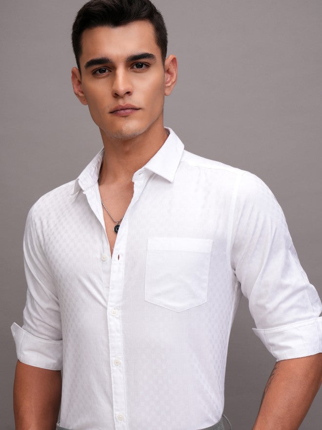 Highlander Men White Textured Slim Fit Casual Shirt - White - Image 1