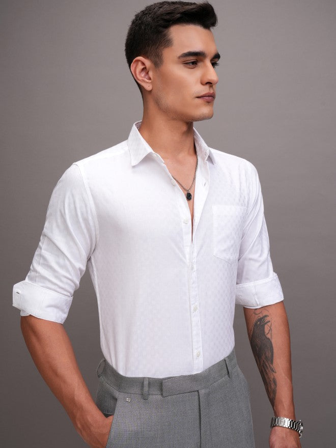 Highlander Men White Textured Slim Fit Casual Shirt - White - Image 6