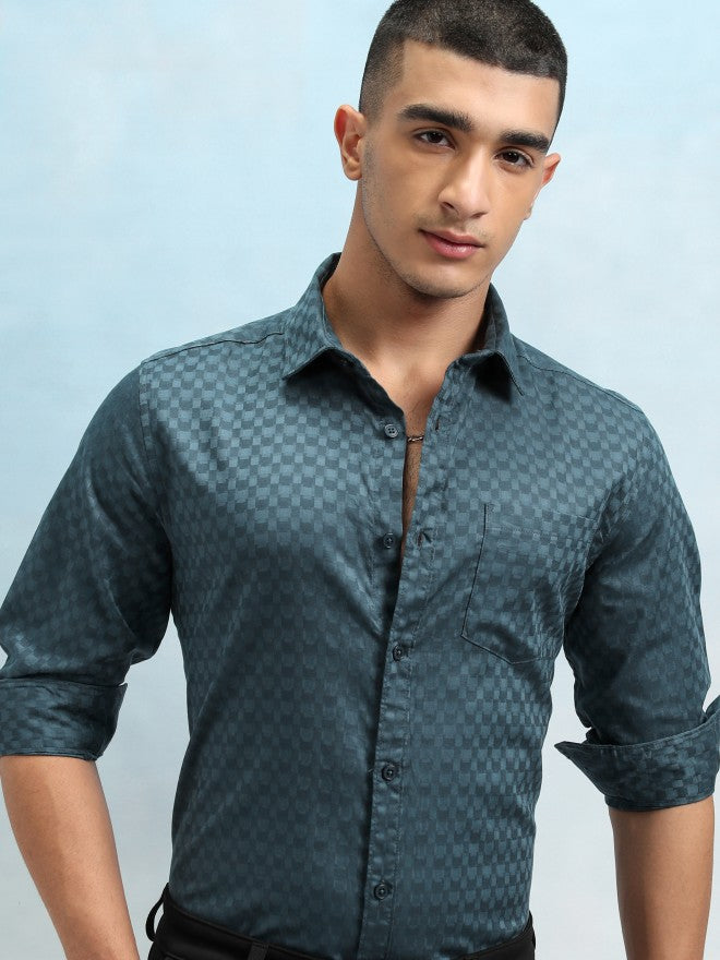 Highlander Men Teal Textured Slim Fit Casual Shirt - Teal - Image 1