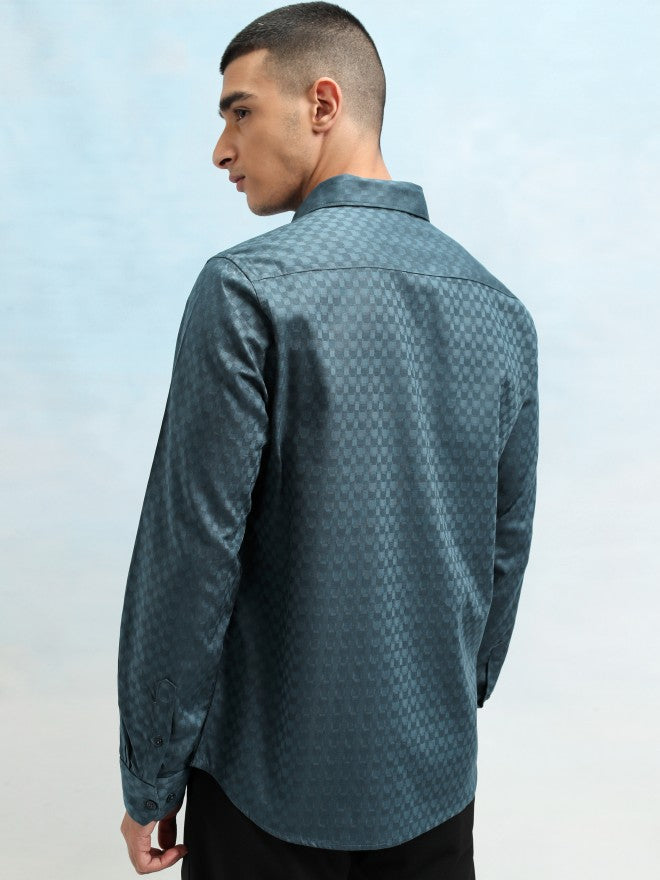 Highlander Men Teal Textured Slim Fit Casual Shirt - Teal - Image 3