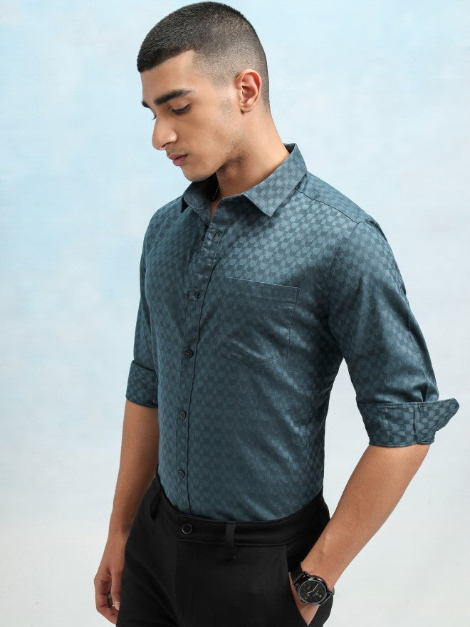 Highlander Men Teal Textured Slim Fit Casual Shirt - Teal - Image 4