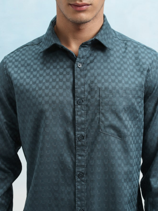 Highlander Men Teal Textured Slim Fit Casual Shirt - Teal - Image 5