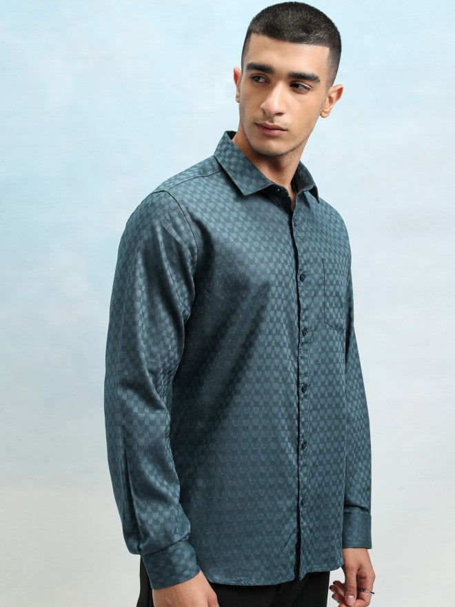 Highlander Men Teal Textured Slim Fit Casual Shirt - Teal - Image 6