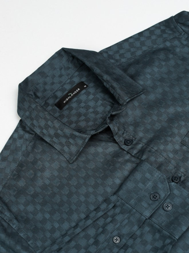 Highlander Men Teal Textured Slim Fit Casual Shirt - Teal - Image 7