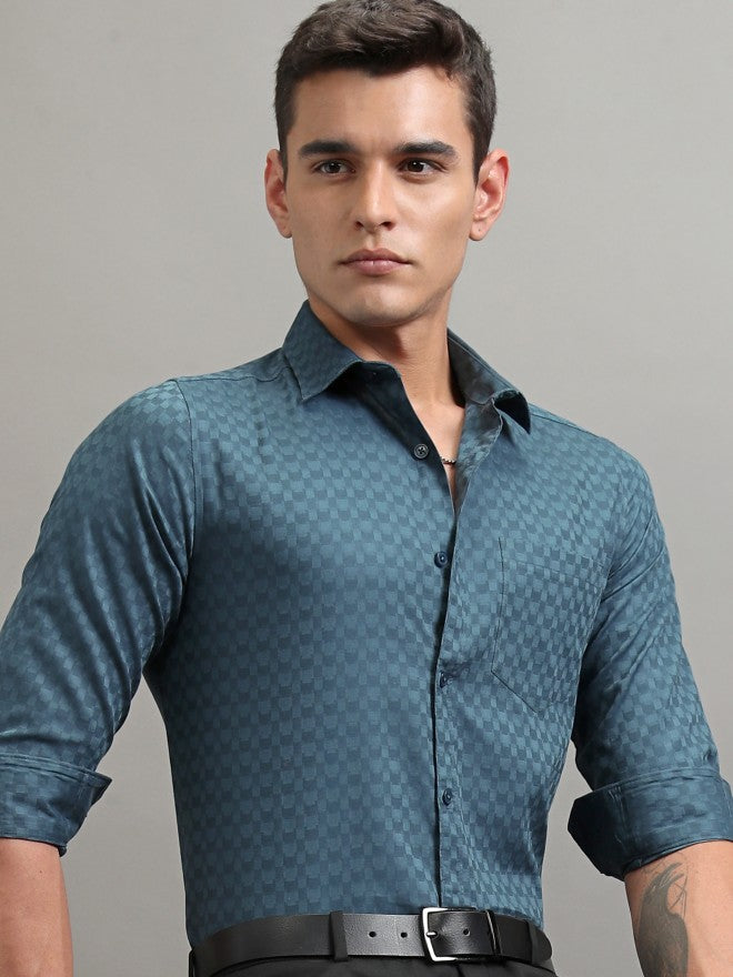 Highlander Men Teal Textured Slim Fit Casual Shirt - Teal - Image 1