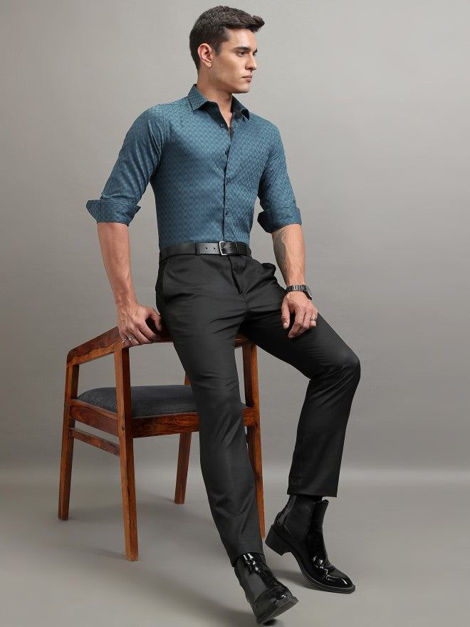 Highlander Men Teal Textured Slim Fit Casual Shirt - Teal - Image 2