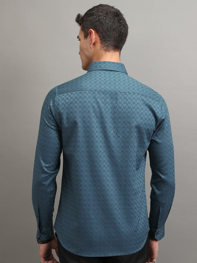 Highlander Men Teal Textured Slim Fit Casual Shirt - Teal - Image 3