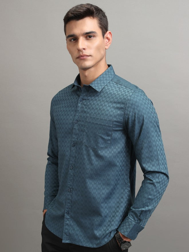 Highlander Men Teal Textured Slim Fit Casual Shirt - Teal - Image 4