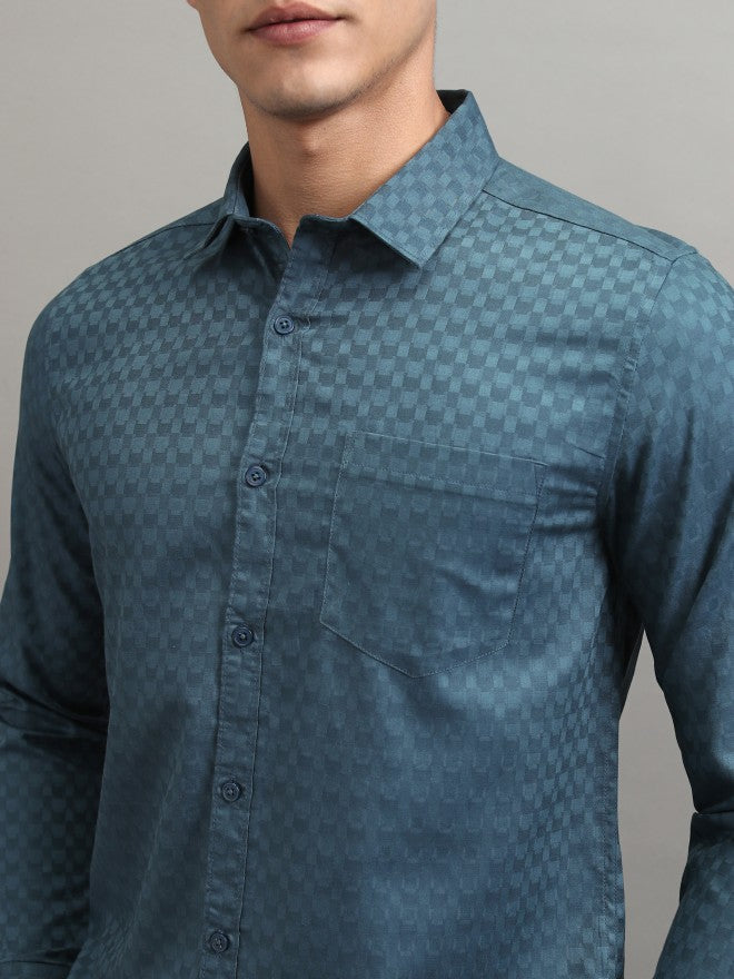 Highlander Men Teal Textured Slim Fit Casual Shirt - Teal - Image 5
