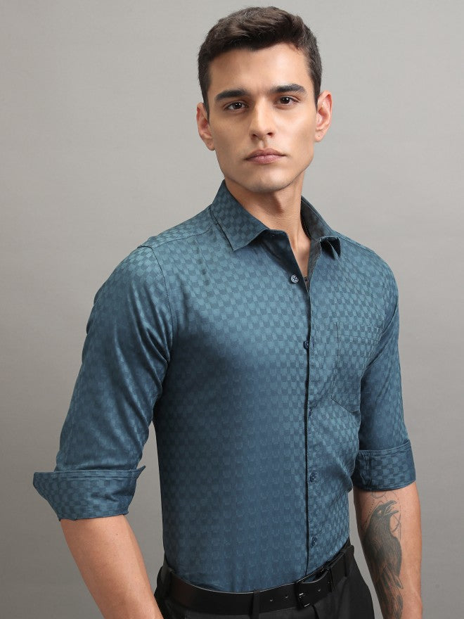 Highlander Men Teal Textured Slim Fit Casual Shirt - Teal - Image 6