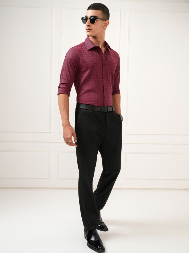 Highlander Men Maroon Textured Slim Fit Casual Shirt - Maroon - Image 2