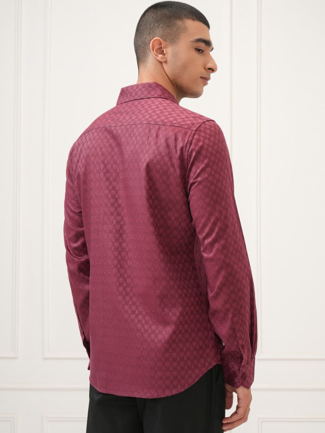 Highlander Men Maroon Textured Slim Fit Casual Shirt - Maroon - Image 3