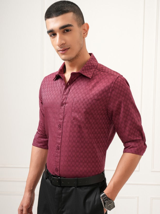 Highlander Men Maroon Textured Slim Fit Casual Shirt - Maroon - Image 4