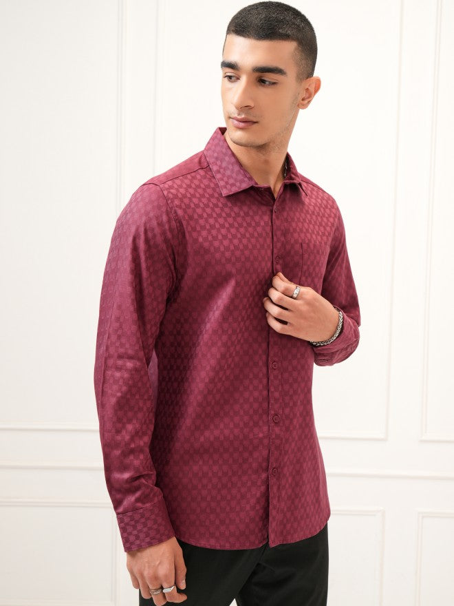 Highlander Men Maroon Textured Slim Fit Casual Shirt - Maroon - Image 6