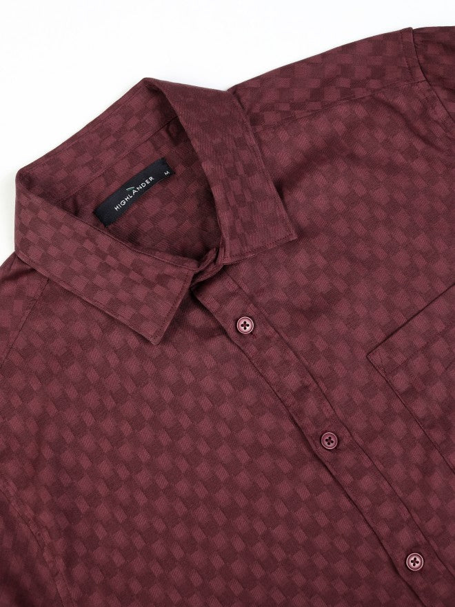 Highlander Men Maroon Textured Slim Fit Casual Shirt - Maroon - Image 7