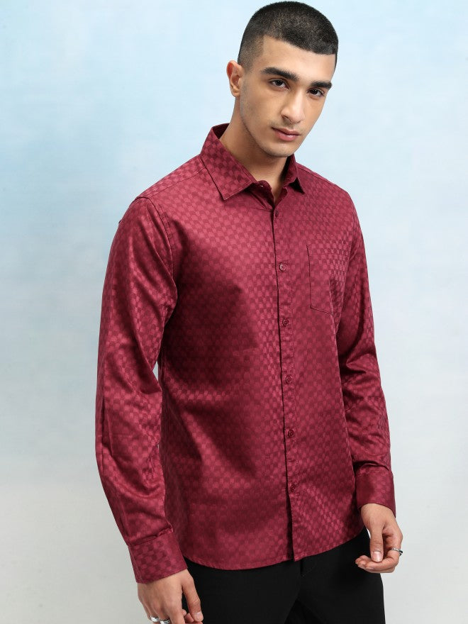 Highlander Men Red Textured Slim Fit Casual Shirt - Red - Image 6