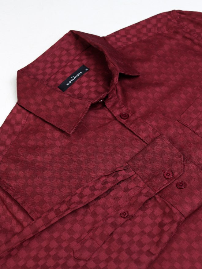 Highlander Men Red Textured Slim Fit Casual Shirt - Red - Image 7