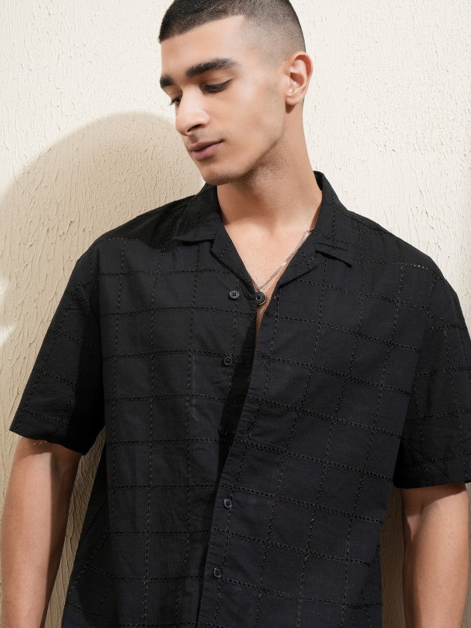 Highlander Men Black Textured Relaxed Fit Casual Shirt - Black - Image 1