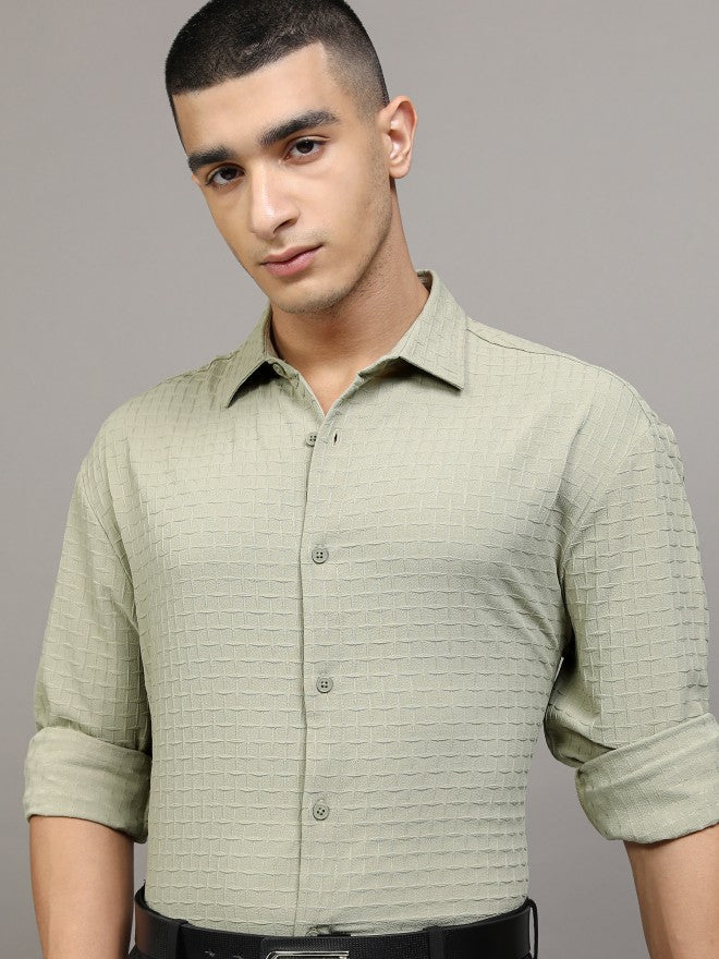 Highlander Men Green Textured Relaxed Fit Casual Shirt - Green - Image 1