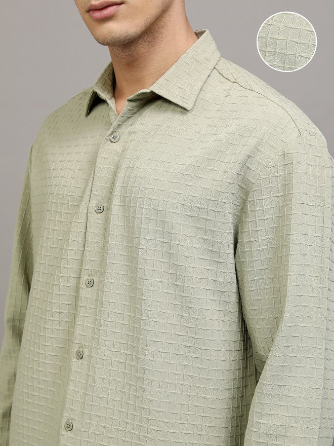Highlander Men Green Textured Relaxed Fit Casual Shirt - Green - Image 5