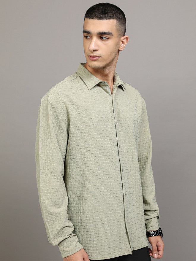 Highlander Men Green Textured Relaxed Fit Casual Shirt - Green - Image 6