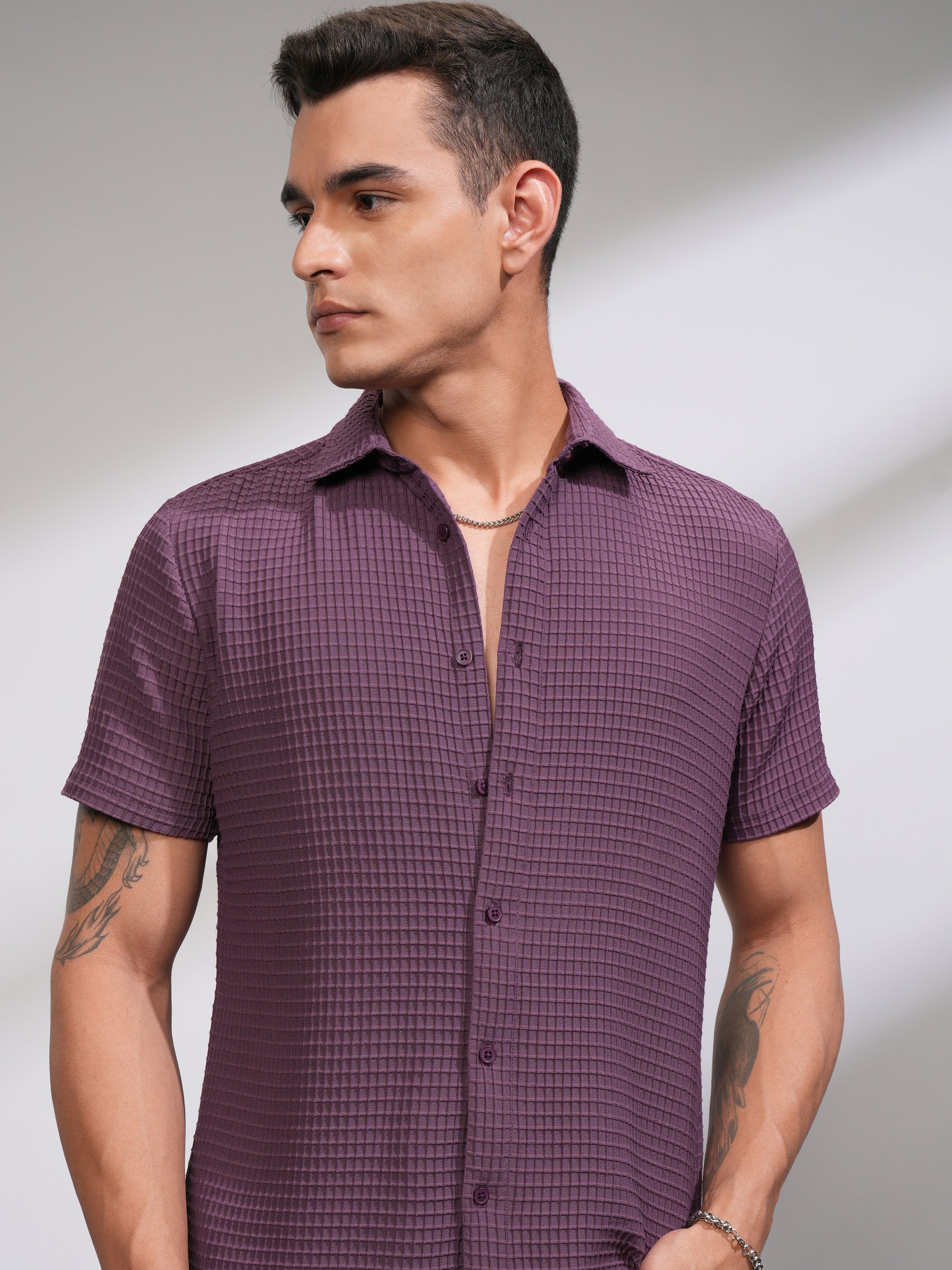 Highlander Men Purple Self Design Regular Fit Casual Shirt - Purple - Image 1
