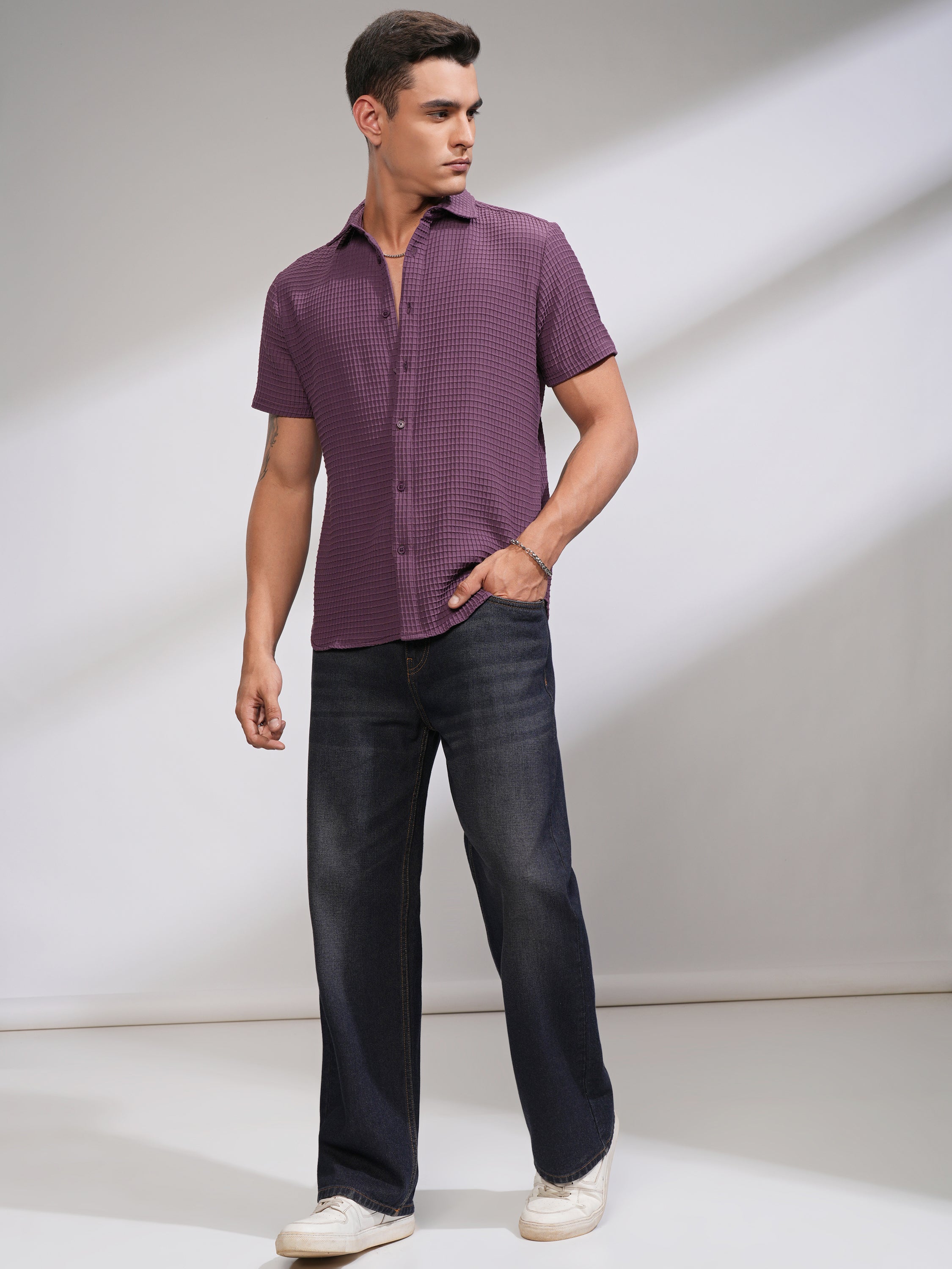Highlander Men Purple Self Design Regular Fit Casual Shirt - Purple - Image 2
