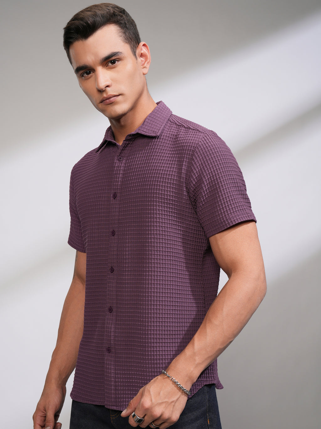 Highlander Men Purple Self Design Regular Fit Casual Shirt - Purple - Image 4